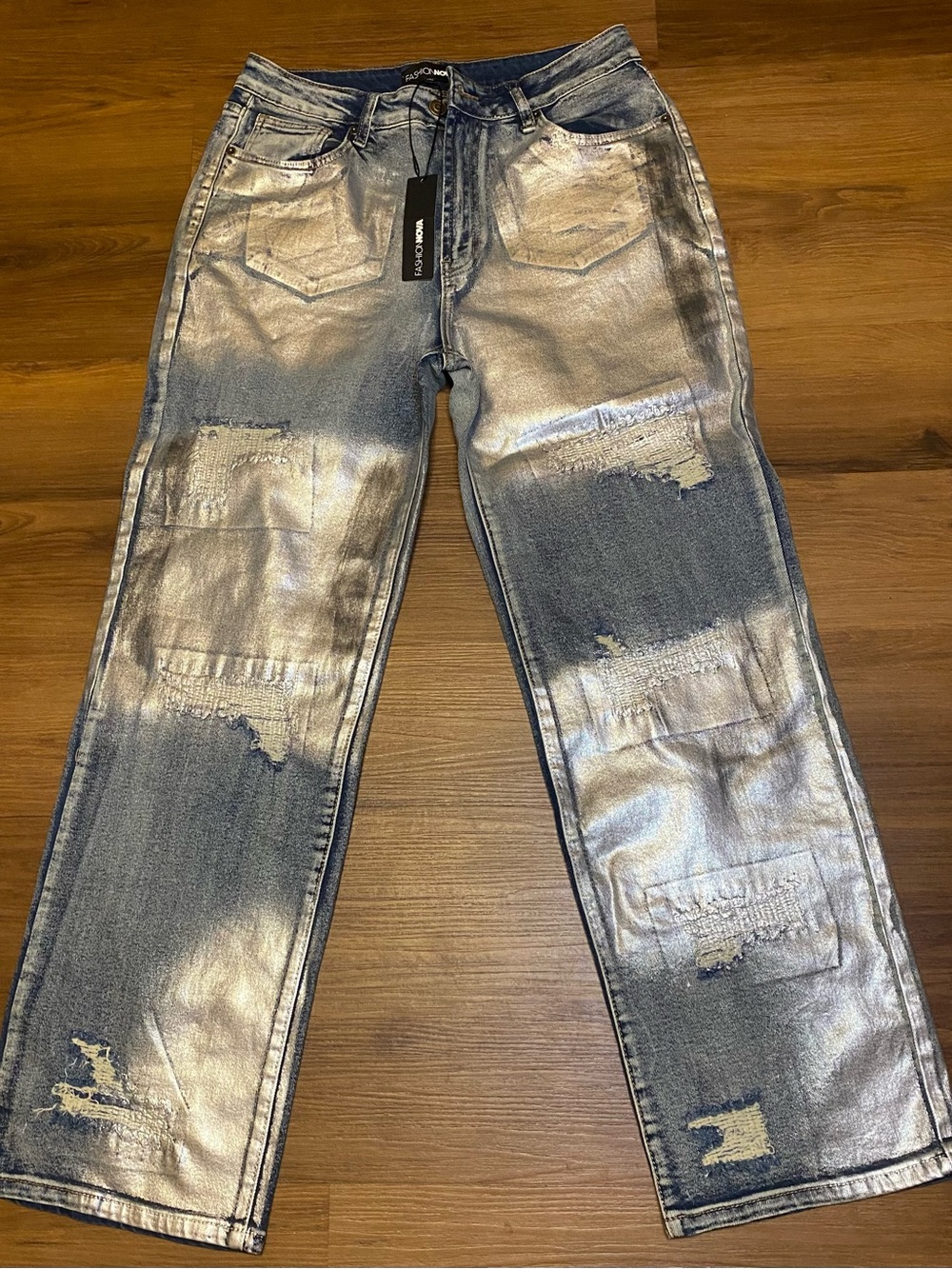 FASHION NOVA women Metallic Silver Distressed Jeans